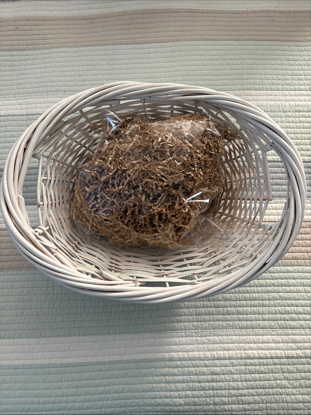 White Gift Basket with Brown Paper Sheds